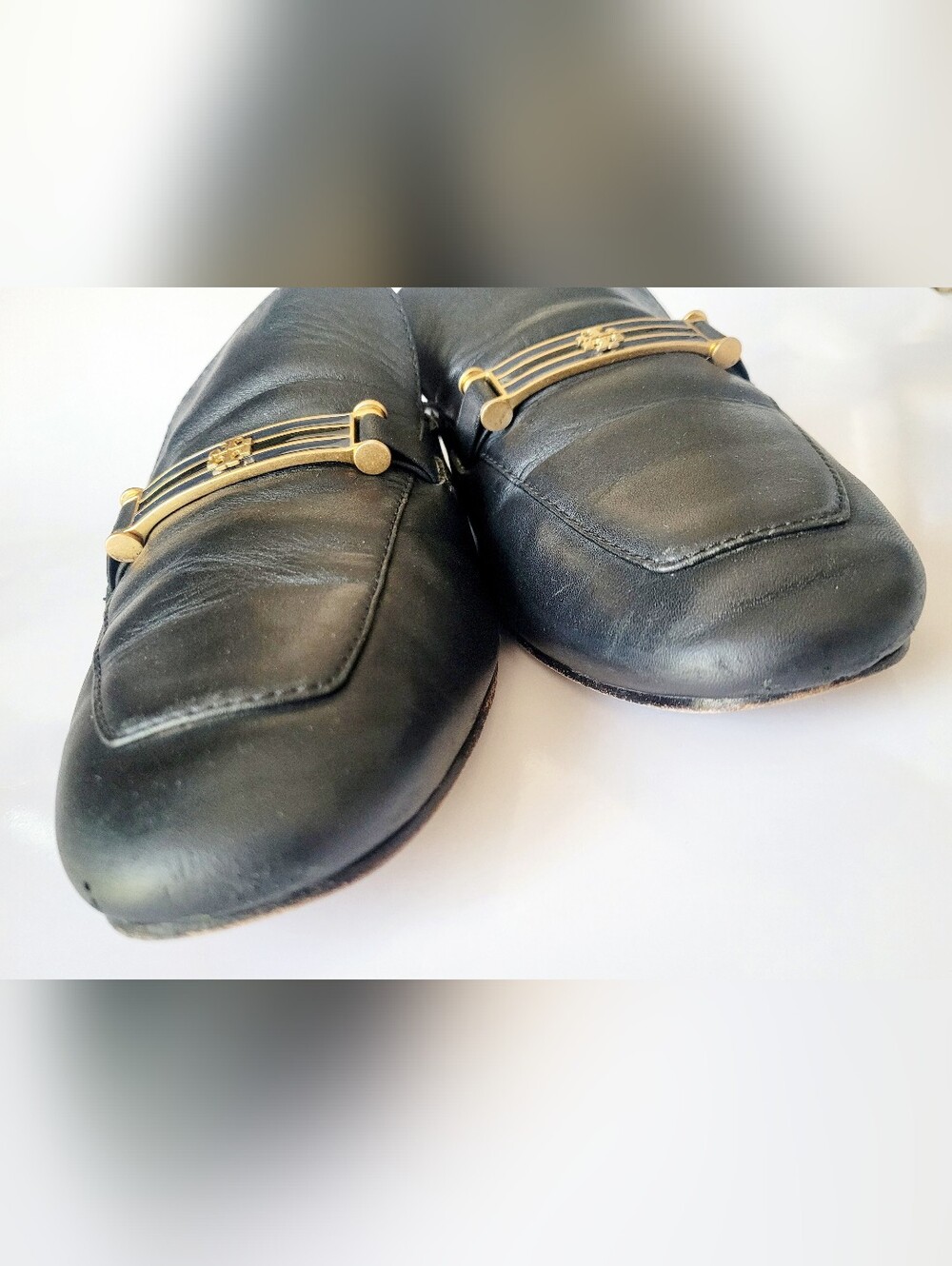 Tory Burch Amelia Calfskin Leather Backless Loafers Gold Logo Hardware Black 9.5 - Picture 9 of 16